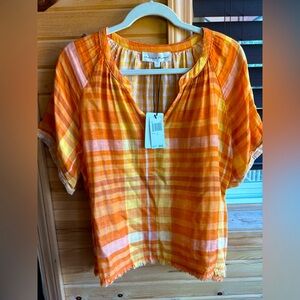 Chelsea & Theodore Orange and Yellow patterned Blouse fringe edge